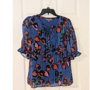 Kate & Mallory Women's Floral Blouse V neck Button 3/4 Sleeve‎ Blue Size L NWOT